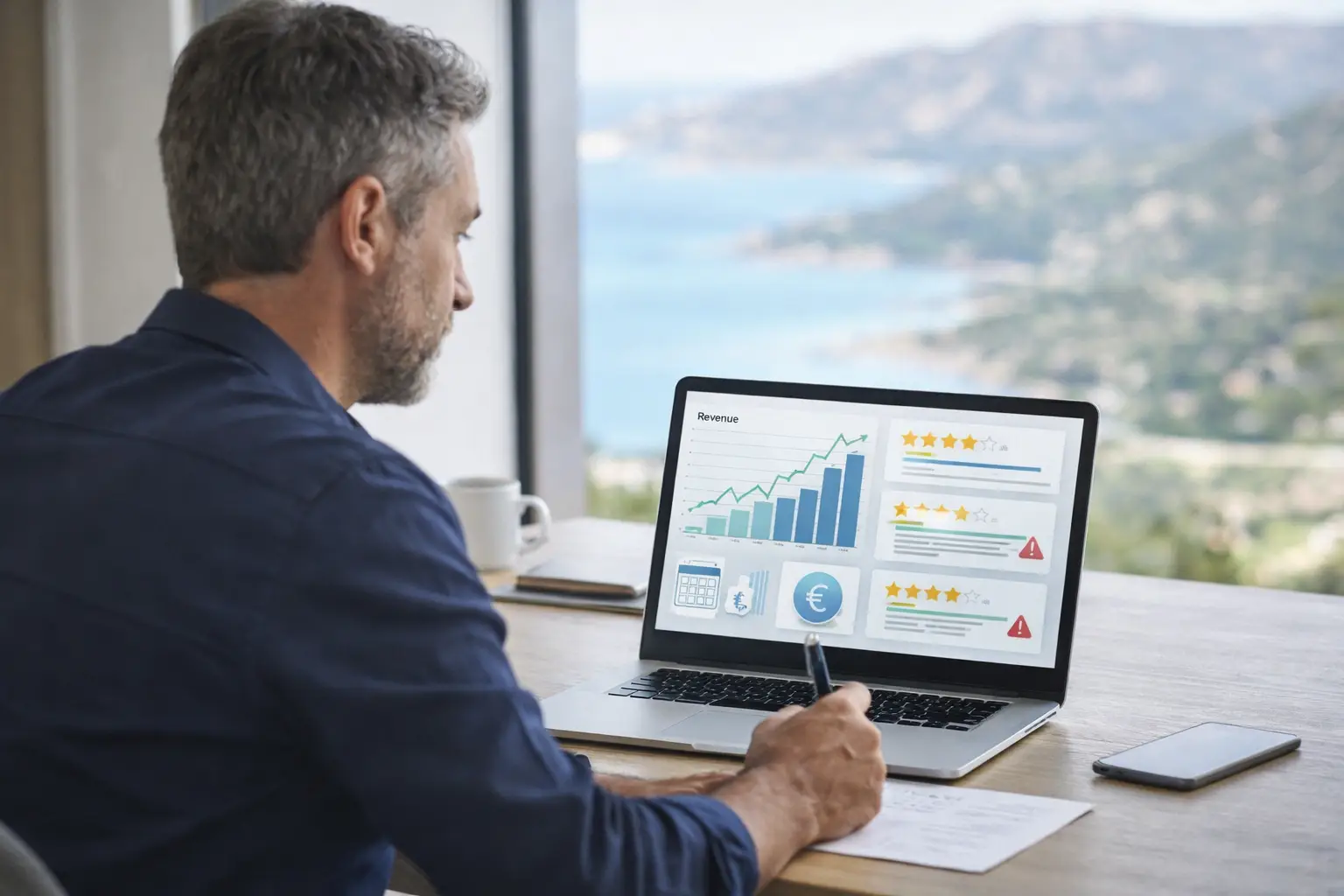 Ferienhausbesitzer in Nordsardinien bei der Analyse der Saisonabhängigkeit der Kurzzeitvermietung