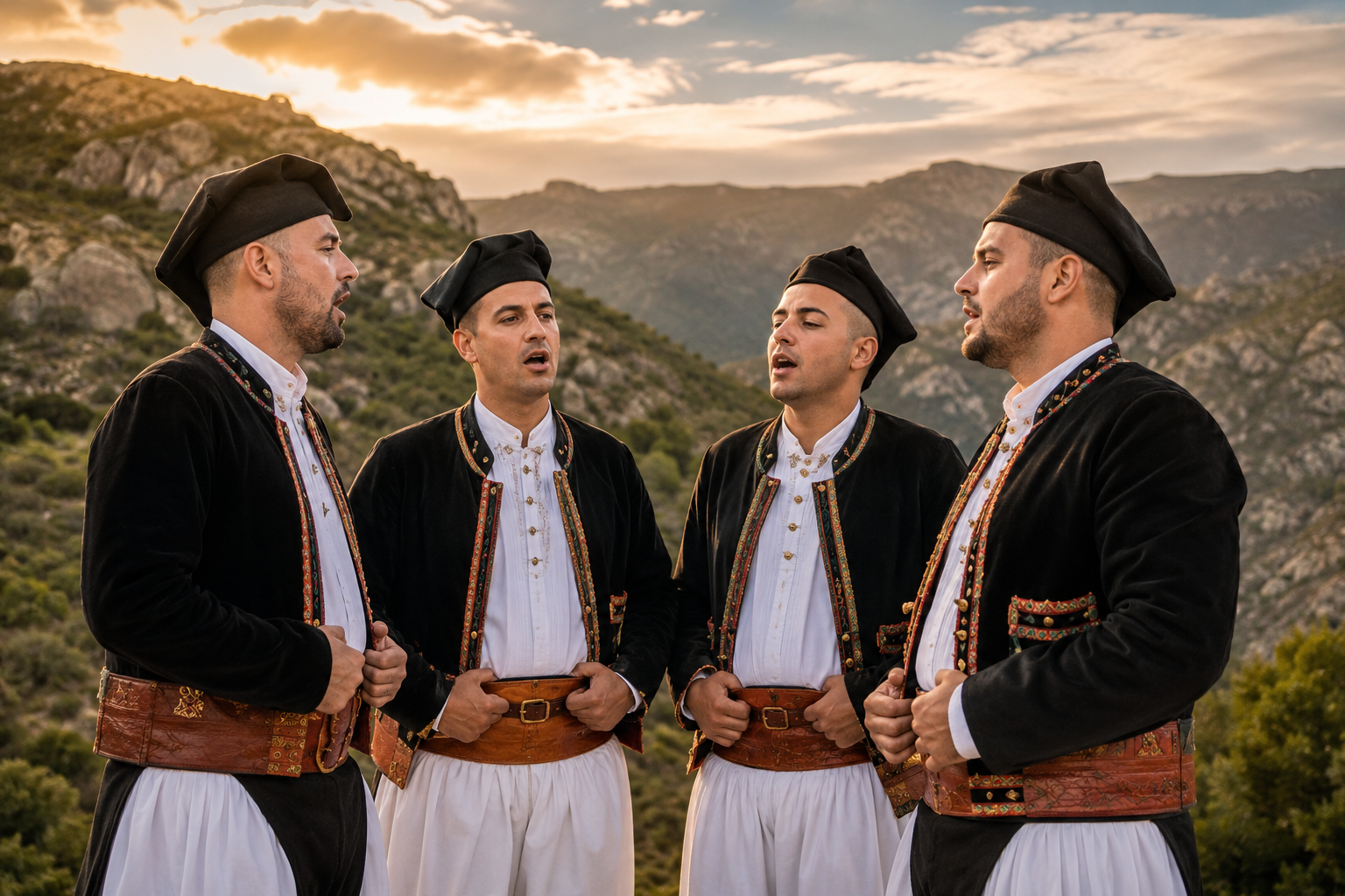 Gruppo di cantori del Cantu a Tenore in abiti tradizionali nella Barbagia in Sardegna