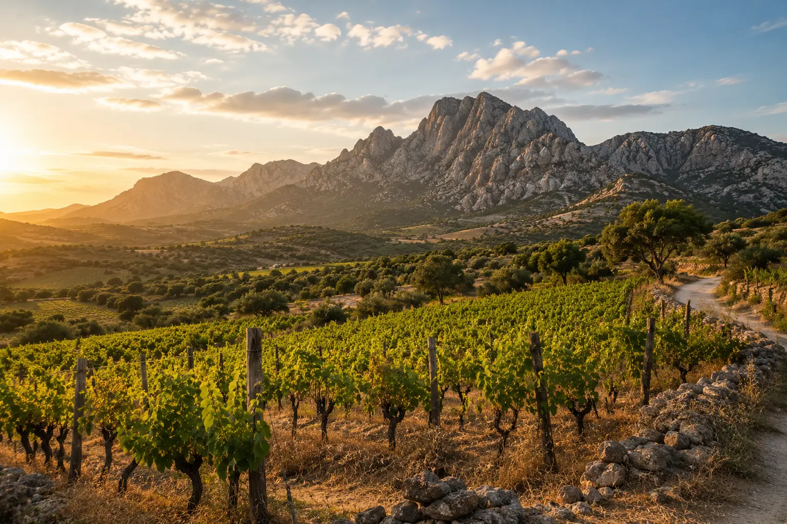 Cannonau vineyards in Sardinia, nestled amongst granite mountains and Mediterranean scrub